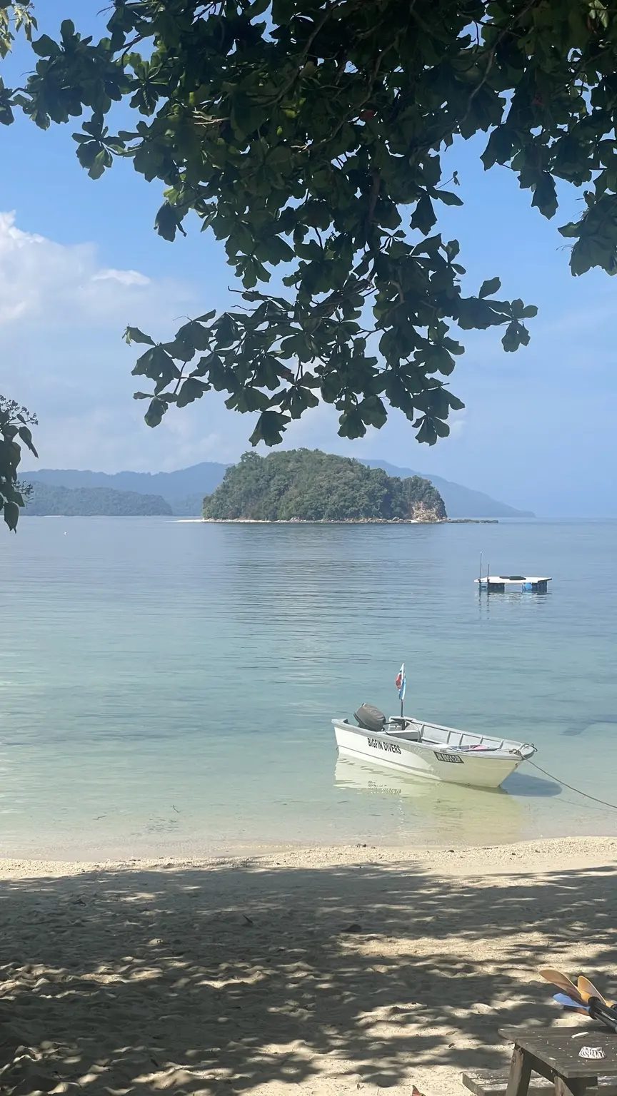 Ruhiger Strand am Bigfin Beach Resort mit klarem Wasser, kleinem Boot und bewaldeter Insel.