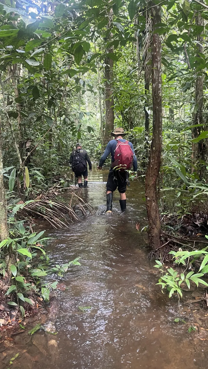 Reisende waten in Gummistiefeln durch einen überfluteten Dschungelweg im Amazonas