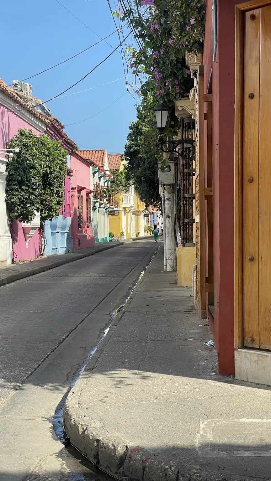 Schmale Straße mit farbenfrohen Häusern und blühenden Balkonen in Cartagena